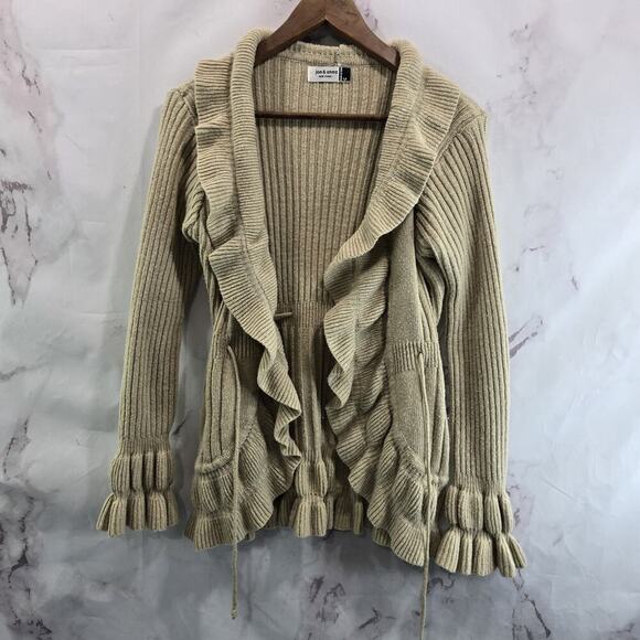 Vintage Y2K Cardigan Womens Medium Beige Flare Sleeve Rufffle Neutral Boho - Picture 1 of 13
